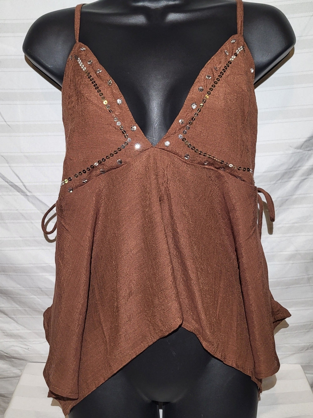 Speed Limit MPH Brown Sequin-Embellished Spaghetti Strap Top